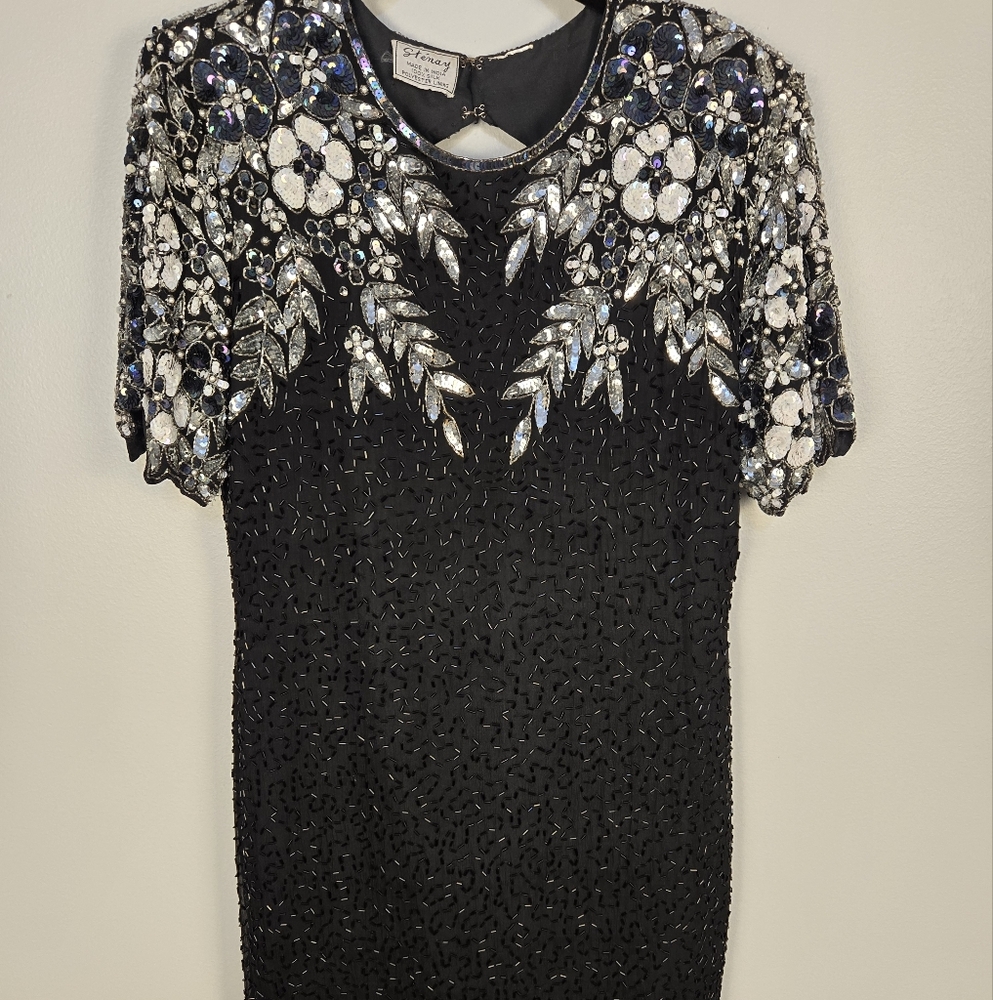 Stenway Black Beaded Short Sleeve Dress